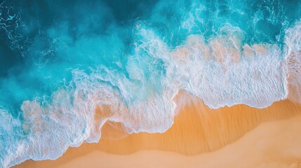 Fototapeta premium Top-down shot of a serene Vietnam beach with clear blue ocean waves gently rolling onto the sand, capturing the essence of a tropical getaway.