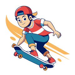 Skateboarding Kid: Cartoon Illustration of an Energetic Boy Enjoying a Thrilling Skateboard Ride 