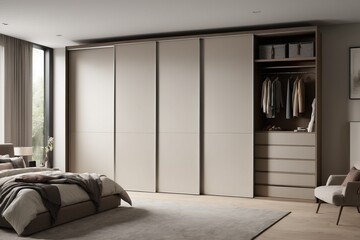 Luxury sliding wardrobe in minimalist bedroom with soft lighting