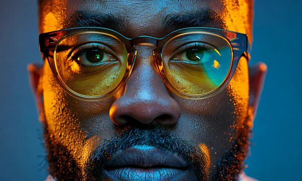 Close-up Portrait of a young black man with glasses looking seriously straight at the camera with yellow lighting video.