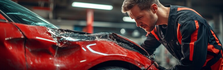 Professional Auto Body Specialist Repairs Car Fender Dents in Garage
