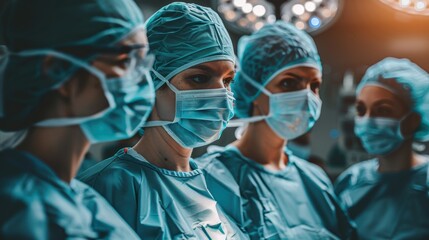 A focused group of healthcare professionals in surgical attire, wearing masks and caps, ready for a procedure in a well-lit operating room.