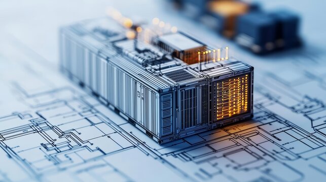 3D blueprint of a modular data center container, showcasing intricate internal layout and engineering design, futuristic technology
