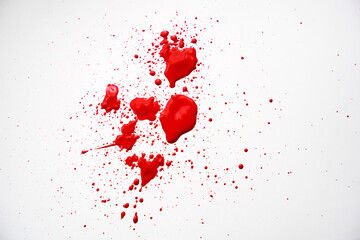 Blood splatters on white background. Red blots of watercolor Realistic bloody splatters for Halloween Drop of blood
