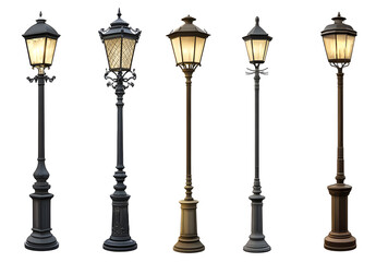 Set of various classic European style street lamppost isolated on transparent background. 