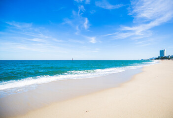 Sokcho-si, Gangwon-do, Korea - October 19, 2020: Waves of the sea on the white sandy Sokcho Beach