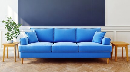 Fototapeta premium A stylish living room with a blue sofa, wooden tables, and a green plant.