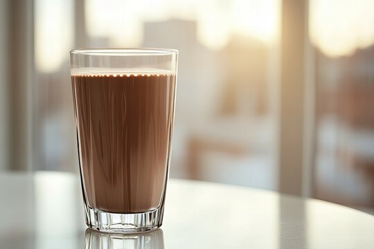 Chocolate milk glass on a stylish wooden table in a bright, modern room with natural sunlight streaming through windows new beautiful stock image illustration AI