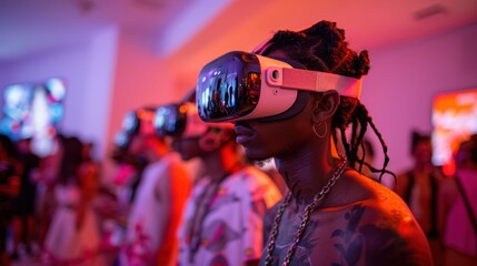 A group of individuals wearing VR headsets, immersed in a colorful, tech-inspired environment, highlighting modern virtual reality experiences.