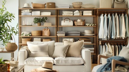 A cozy, well-organized living space featuring a neutral sofa, decorative cushions, and a stylish shelf filled with storage baskets and clothing.