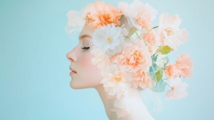 beautiful woman with large peonies on her head. fashion beauty portrait, horizontal  banner. Light background 