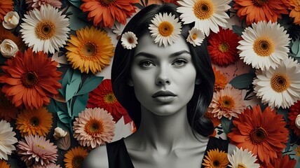 Portrait of a woman with lots of flowers. Abstract trendy art paper collage design.