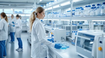 A scientist in a laboratory, wearing a white coat, conducts research amidst shelves filled with lab equipment and glassware.