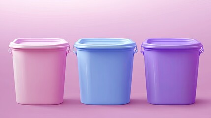Three plastic containers with lids, pink, blue, and purple, on a pink background.