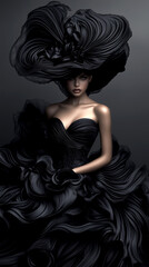 Naklejka premium A woman in a black dress with a hat on. The dress is long and flowing, and the hat is tall and elegant. The woman is standing in front of a gray background