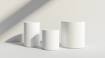 Three white cylindrical podiums on a white background with a shadow from a window.