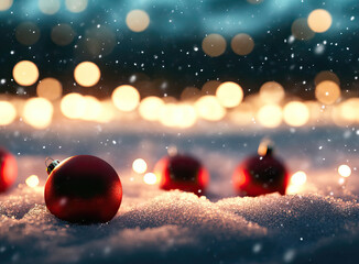 Fototapeta premium Red Christmas ornaments on snowy ground with glowing lights in the background during a winter evening celebration. Generative AI