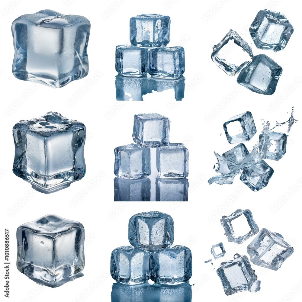 Fototapete multiple ice cubes, some isolated, others in a stack and some in a splash of water.