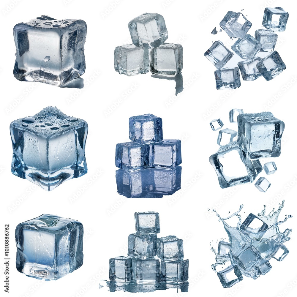 Aufkleber Multiple ice cubes in various arrangements, including stacks, single cubes, and cubes splashing in water.