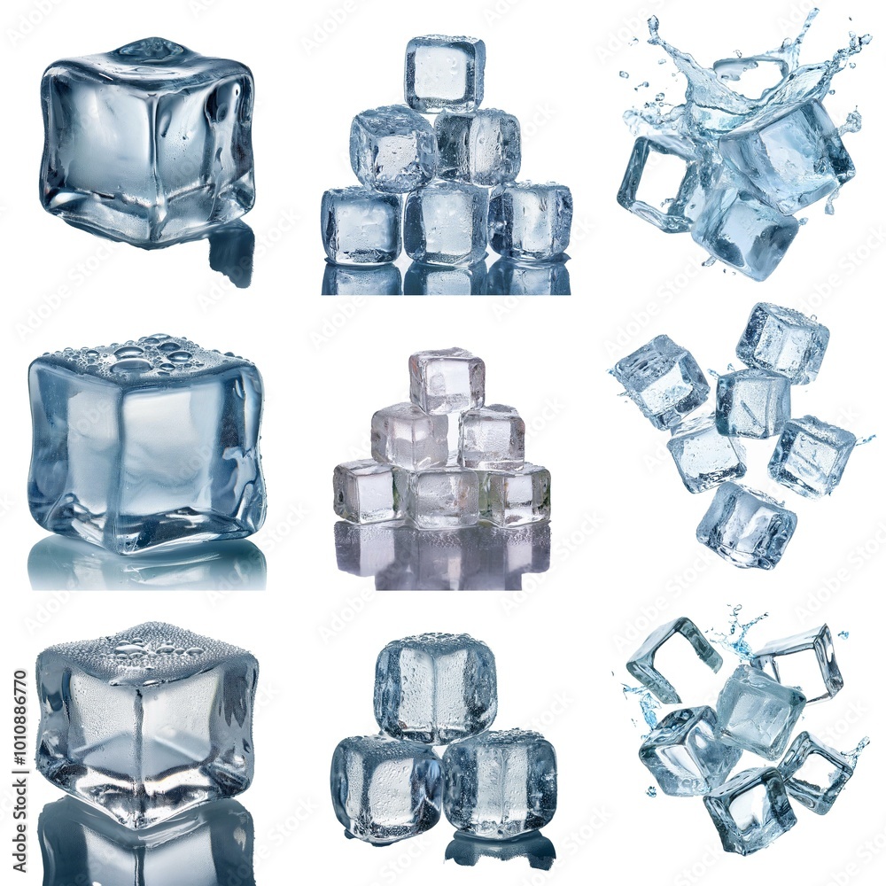 Aufkleber multiple ice cubes, some with water droplets and others splashing in water.
