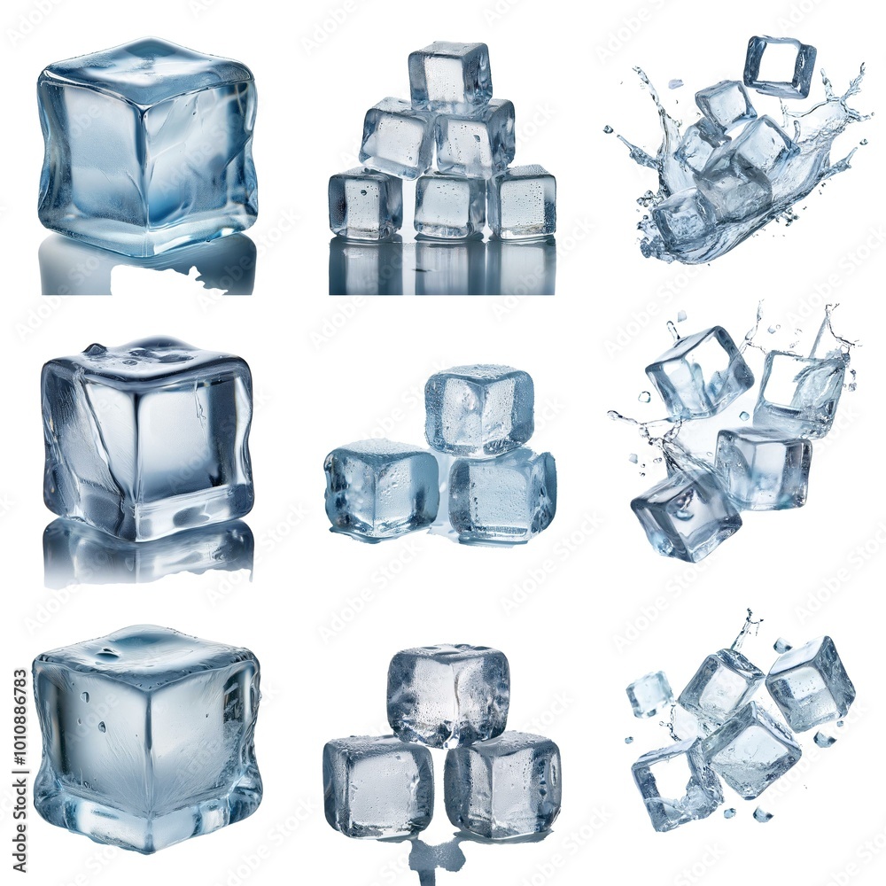 Poster multiple ice cubes isolated on a white background, some are wet and some are splashing water.