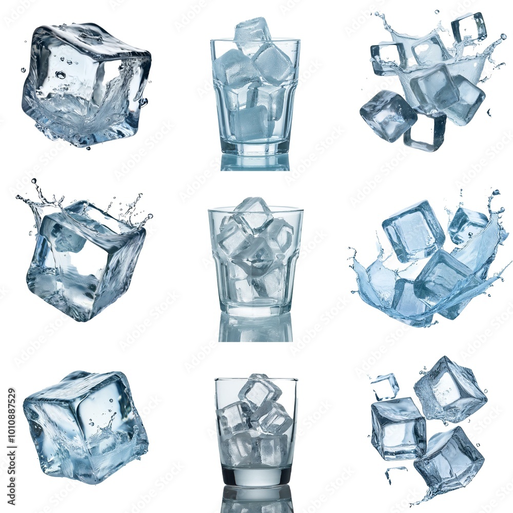 Poster Collage of ice cubes in various states, some with water splashes, others in glasses and some floating.