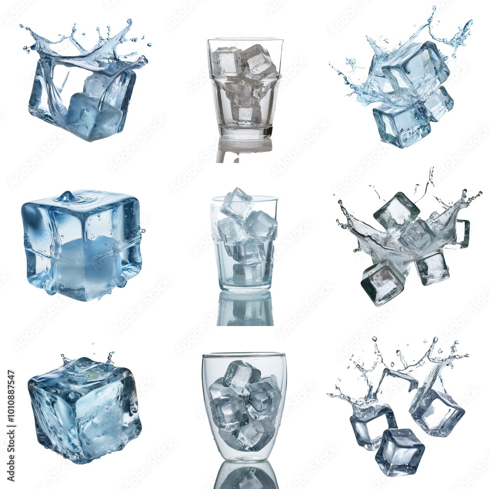 Aufkleber Multiple images of ice cubes, some falling into water and creating a splash, and some in a glass.