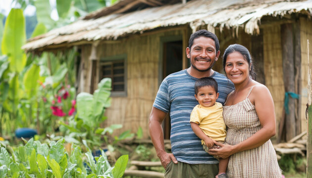 Happy latin american family posing outside their home in the countryside