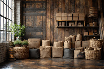 rustic industrial interior with wooden walls and burlap cushions