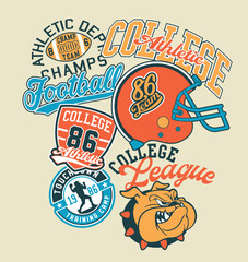 College American football athletic department patches patchwork vintage vector artwork for boy kid children sport wear shirt sweatshirt bomber jacket print embroidery
