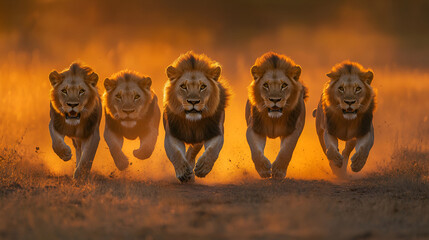 Lioness and small lion cubs running through dry bush, lioness with small lion cubs close-up ,wild animals ,a group of lions  with their cubs running on the ground in the dust