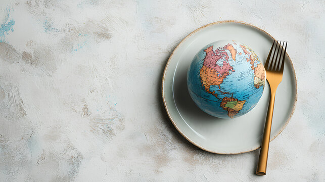 globe on a plate with a fork and knife on a light background