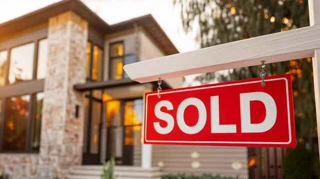 Sold Sign in Front of Modern Suburban Home with Stone Facade