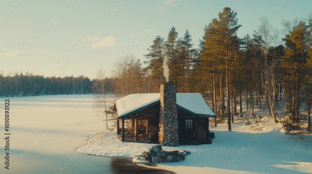 Poster A cozy cabin in a snowy landscape by a frozen lake, exuding tranquility and warmth.