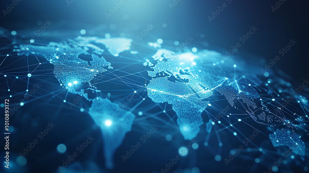 Fototapete light blue background with a digital world map and global network connections, representing the conc