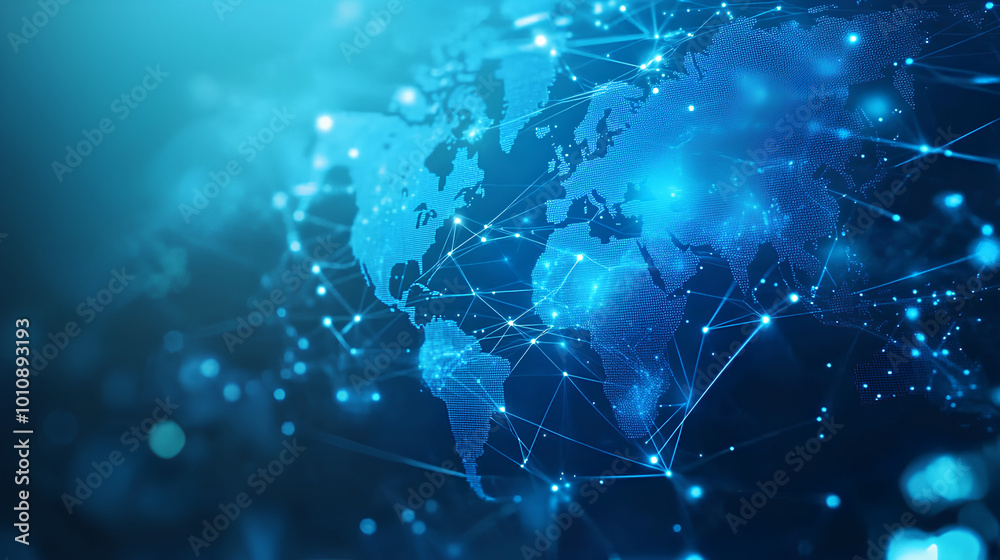 Poster light blue background with a digital world map and global network connections, representing the conc