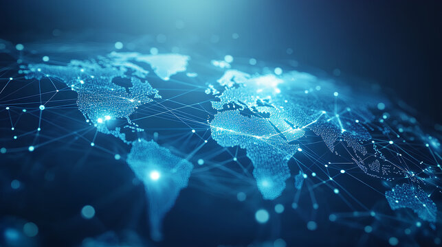 light blue background with a digital world map and global network connections, representing the concept of international business or connectivity 