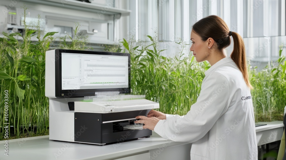 Wall mural A scientist operates a lab device in a plant research facility.