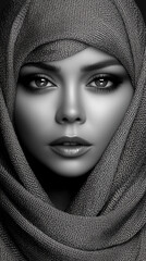 Naklejka premium A woman with a scarf draped over her head is the subject of a black and white photograph. The photo captures her face and features, with her eyes looking directly at the camera