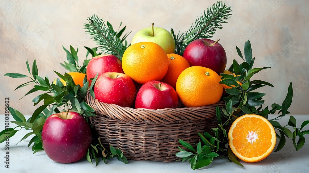 Wall mural fresh fruit basket with oranges apples and greenery