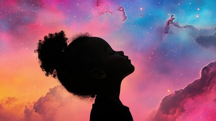 A silhouette of a young girl against a vibrant cosmic background, inspiring thoughts of dreams and imagination.