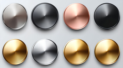 set of metal chrome circle buttons is presented in vector format, featuring metallic rose gold, bronze, silver, steel, holographic, and golden badges for diverse design applications 