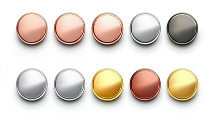 set of metal chrome circle buttons is presented in vector format, featuring metallic rose gold, bronze, silver, steel, holographic, and golden badges for diverse design applications 