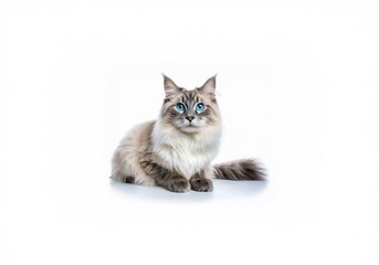 Obraz premium A long-haired cat with blue eyes sits facing the camera on a white background.