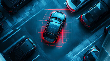 smart car parking assist system is visualized from a top view, featuring autonomous technology for secure road scanning and self-parking 