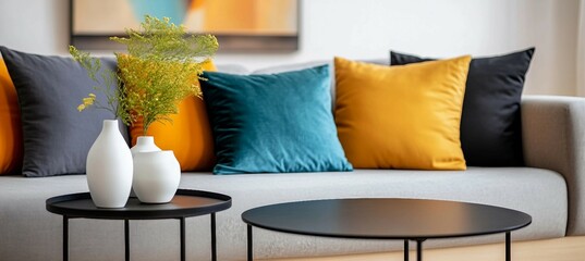 Modern Living Room Interior with Grey Sofa, Colorful Pillows and Vases