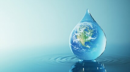 Earth encapsulated in a water droplet, symbolizing the fragility of nature, reflecting environmental themes and global conservation efforts.