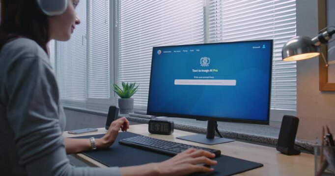 Adult woman in headphones enters text in AI image generator app on PC. Advanced artificial intelligence chatbot generate detailed image portrait of sci-fi robot. From text prompt to generated photo.