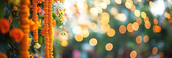 Garlands of orange marigolds against a blurred background of a park, house or temple. Banner template for autumn festival or toran Indian traditional Diwali, Day of dead, wedding copyspace