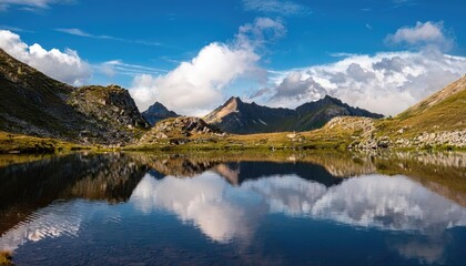 Fototapeta premium Mountain Lake Reflecting the Blue Sky and Clouds
